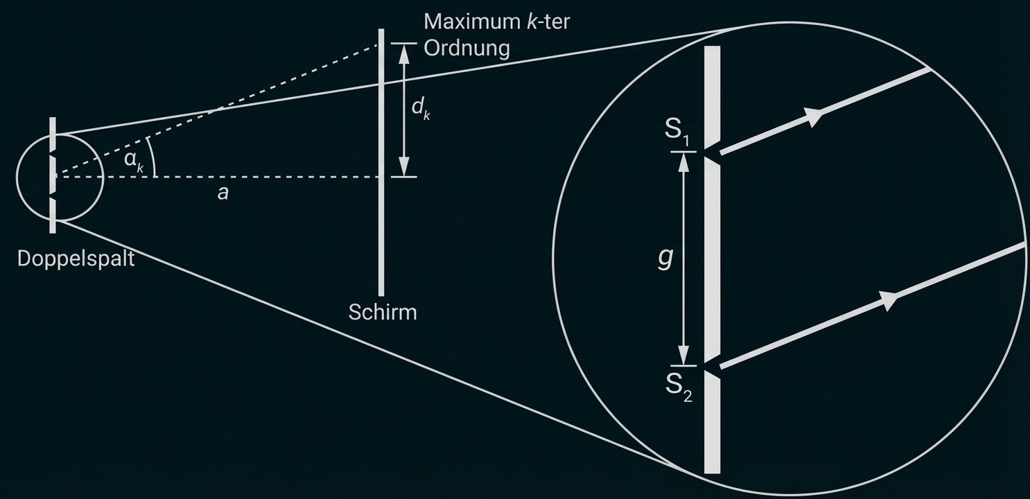 Schematische Darstellung des Doppelspaltversuchs: zwei Spalte, ein Schirm, Lichtwege und Vergrößerung der Spaltgeometrie.